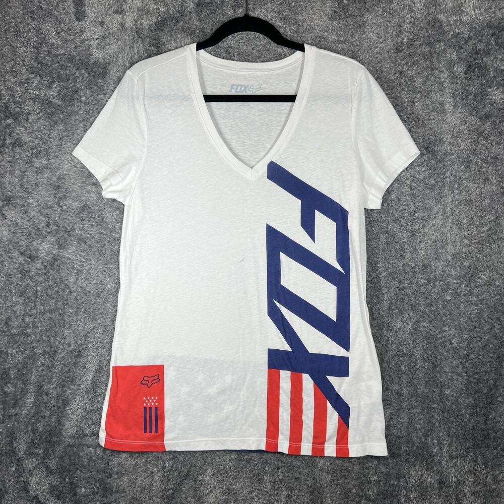 Fox Shirt Womens Large White V Neck Patriotic Flag Graphic Tee Stars Stripes USA